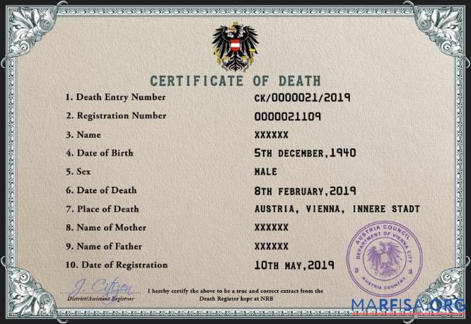 Blank Austria death certificate PSD template,